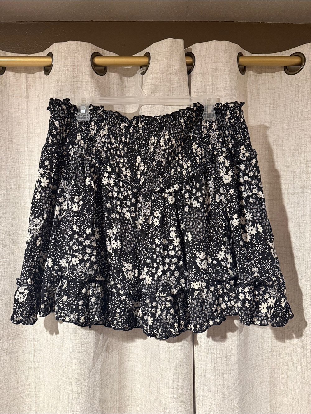 Black Floral Smocked Mini Skirt with Ruffle Hem